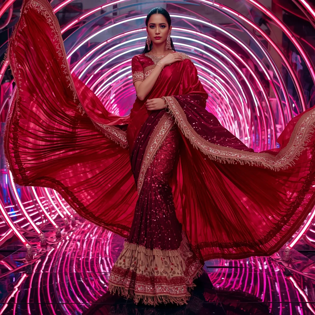 Liquid Ruby Wave Saree with Holographic Spiral Chamber | Free Ai Prompt