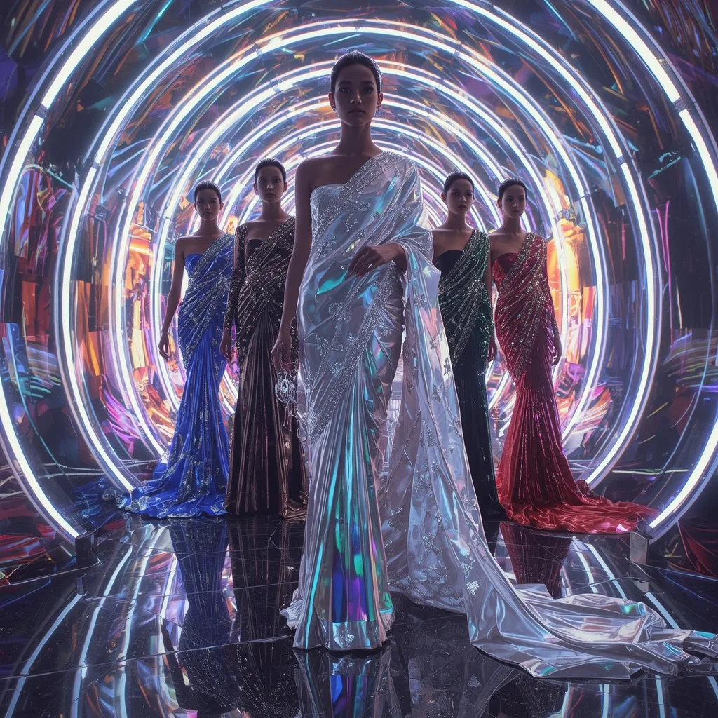 Liquid Silver Celestial Infinity Empress Saree with Reflective Fashion Silhouettes and Holographic Crystal Orbit Palace | Indian Girl Ai Prompt AI Prompt