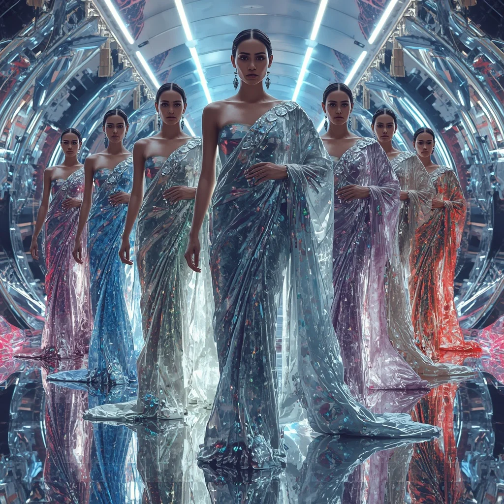 Liquid Silver Infinity Empress Saree with Reflective Fashion Silhouettes and Holographic Crystal Megaverse | Gemini Ai Prompt For Girl AI Prompt
