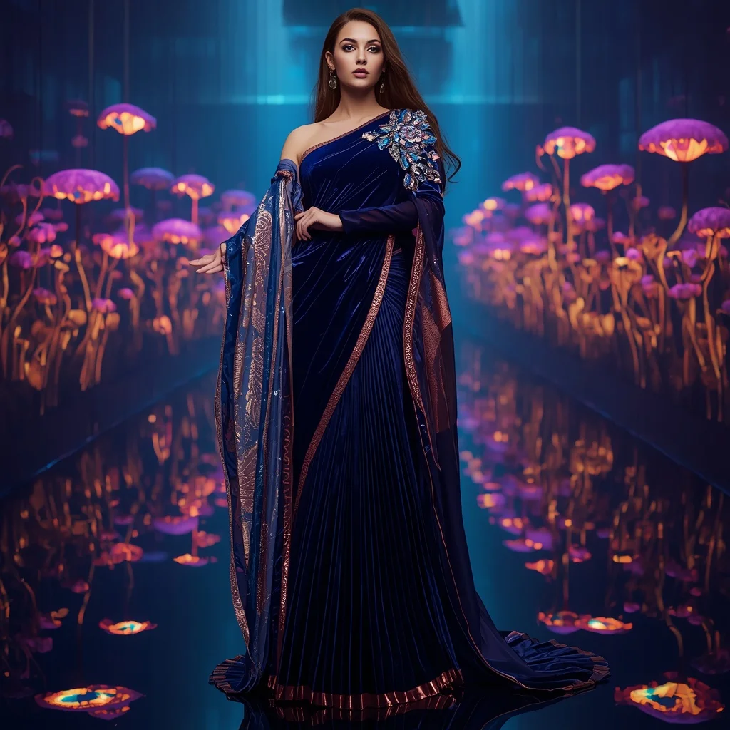 Lunar Velvet Saree with Floating Neon Infinity Gardens | Female Model Ai Prompt AI Prompt