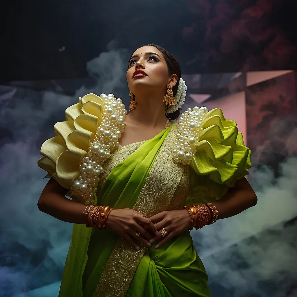 Luxury 3D Architectural Silk & Pearl Festival Saree for Social Media | Saree Ai Prompt AI Prompt