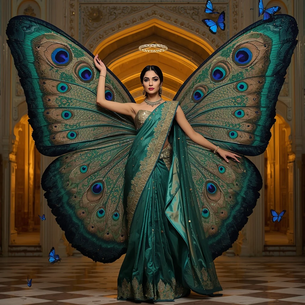 Majestic Peacock Butterfly Saree with Royal Indian Palace Background | Youtube Thumbnail Ai Prompt AI Prompt