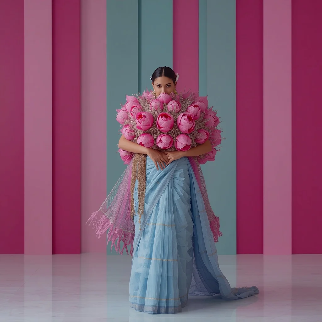 Massive 3D Silk Lotus & Heavy Crystal Mesh Armor Pastel Blue Saree | Pallu Face-Wrap Mask Pose | Ai Gemini Saree Prompt AI Prompt
