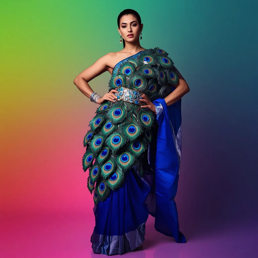Massive Sculpted Ceramic Peacock Saree with Glazed Metallic Enamel Finish | Instagram Reel Ai Prompt AI Prompt