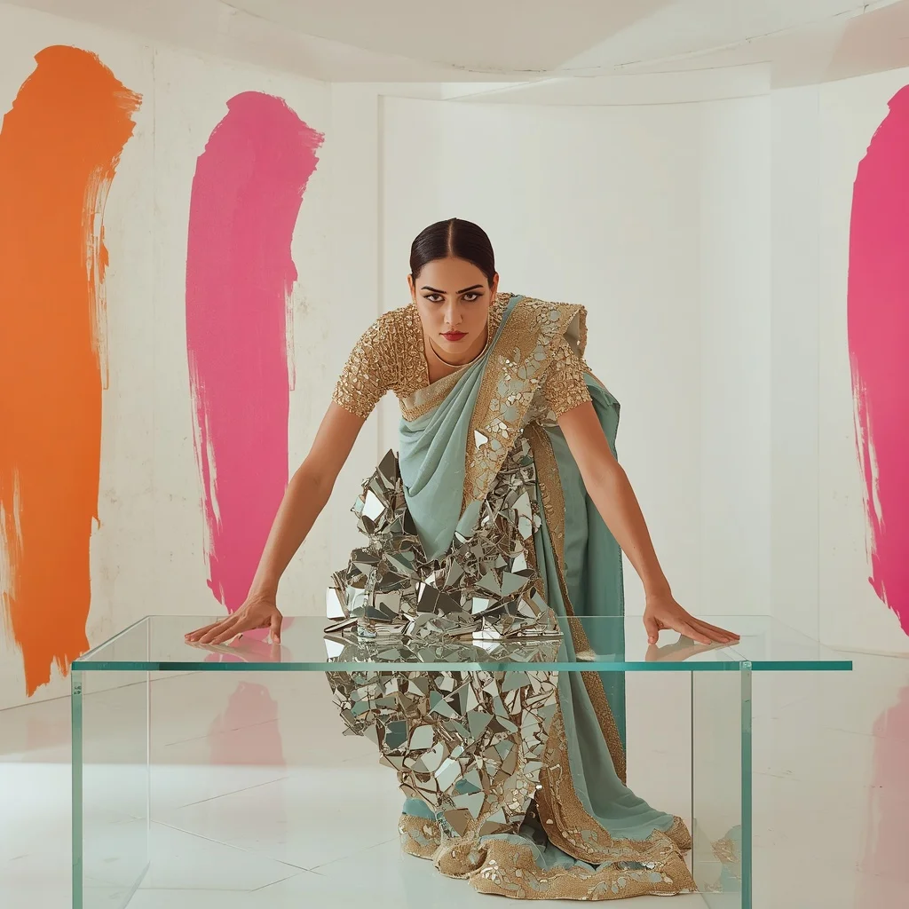 Massive Shattered Mirror & Heavy Zardozi Pastel Sky Blue Saree | Forward Lean Clear Table Pose | Gemini Saree Prompt For Instagram AI Prompt