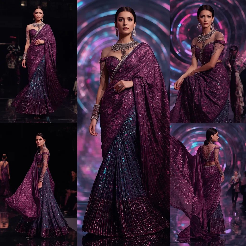 Metallic Plum Aurora Saree with Spiral Galaxy Tunnel | Bridal Ai Prompt AI Prompt