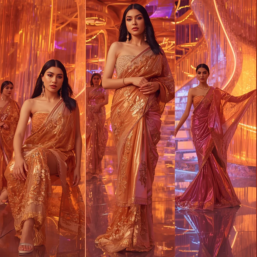 Metallic Sunset Eternal Saree with Multi Editorial Frames and Neon Crystal Universe | Makeup Ai Prompt AI Prompt