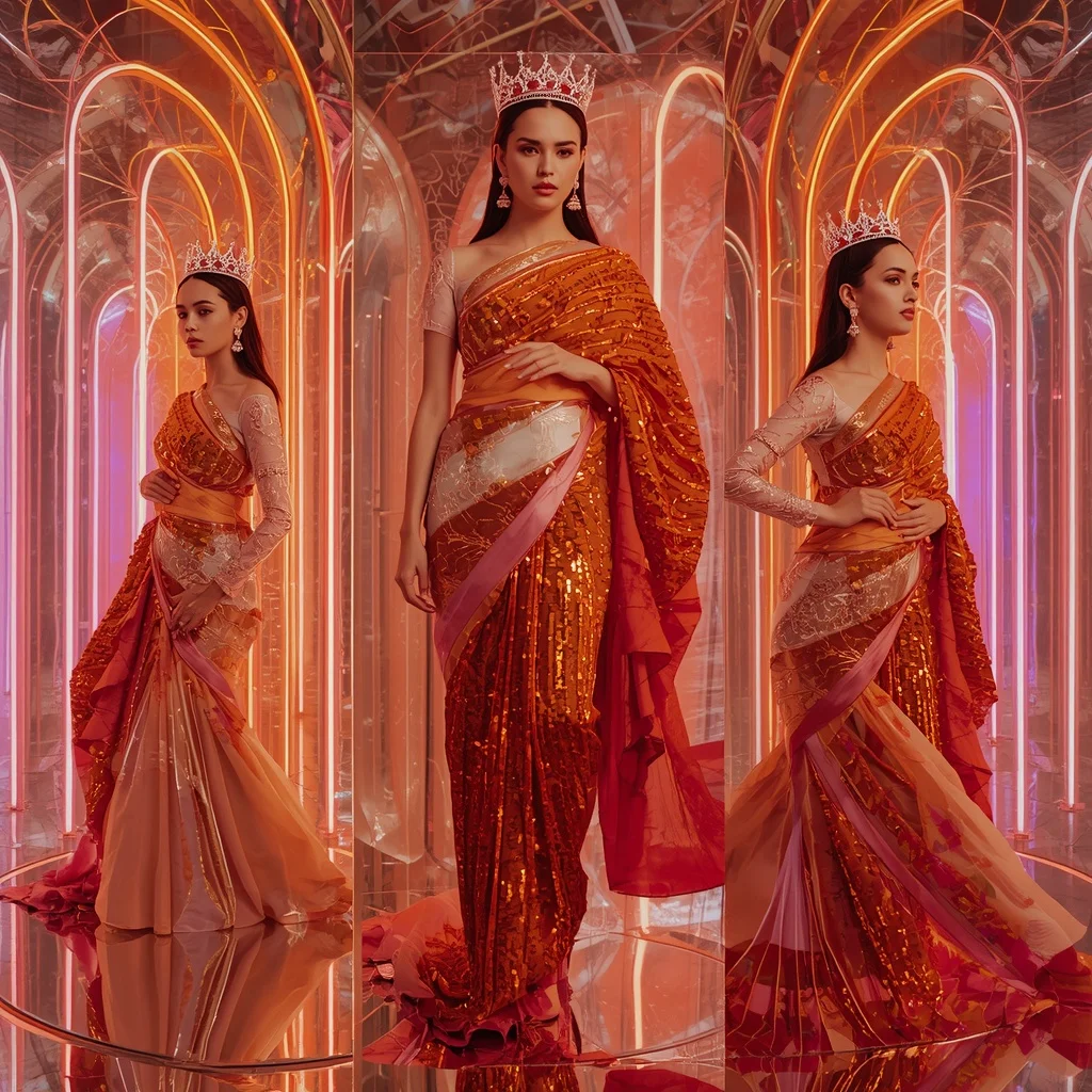 Metallic Sunset Prism Crown Saree with Multi Editorial Frames and Neon Crystal Kingdom | New Design Ai Prompt AI Prompt