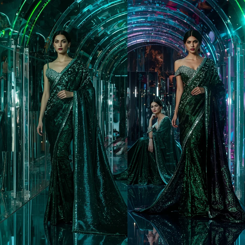 Midnight Emerald Fantasy Saree with Crystal Reflection Tunnel | Instagram Story Ai Prompt AI Prompt