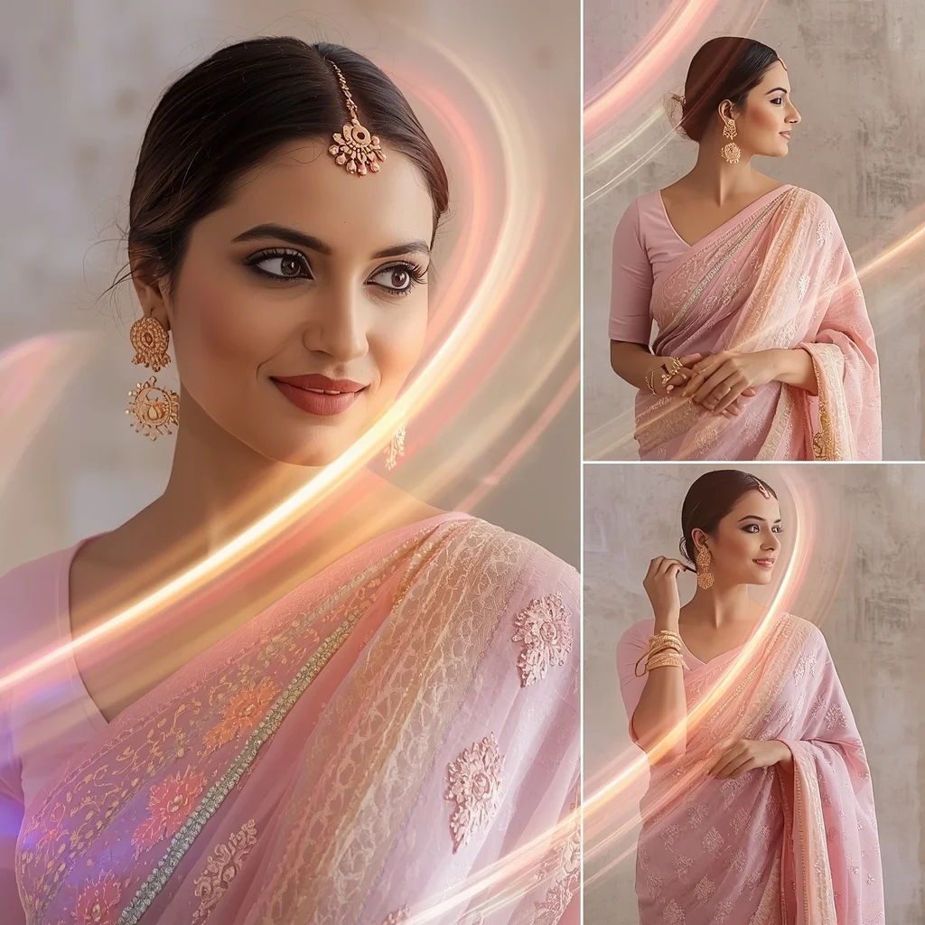 Mystic Pulse Halo Stream Pastel Saree Indian Woman Premium Composition | Saree Prompt Text To Image AI Prompt