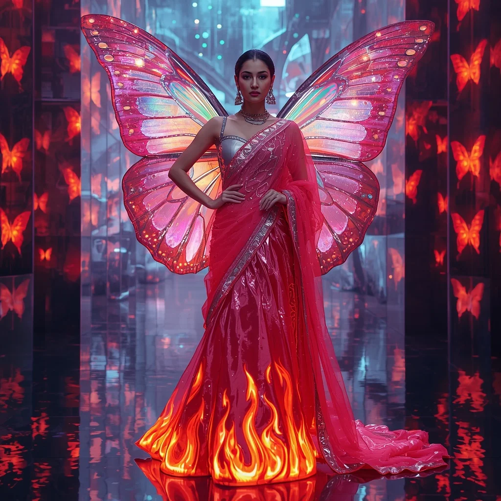 Neon Butterfly Mirage Flame Saree with Cyber Fantasy Background | Realistic Ai Prompt AI Prompt