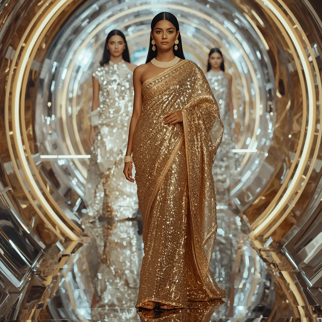 Neon Gold Celestial Infinity Hypergoddess Saree with Royal Runway Poses and Futuristic Prism Crystal Galaxy Hyperrealm | Gemini Ai Prompt Copy Paste AI Prompt