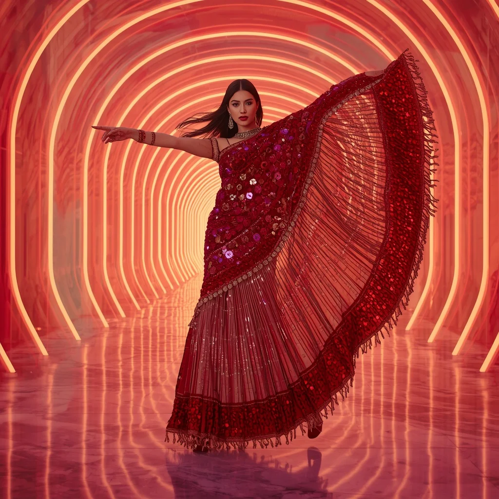 Neon Maharani Liquid Saree with Floating Aurora Palace | Ai Image Prompt AI Prompt