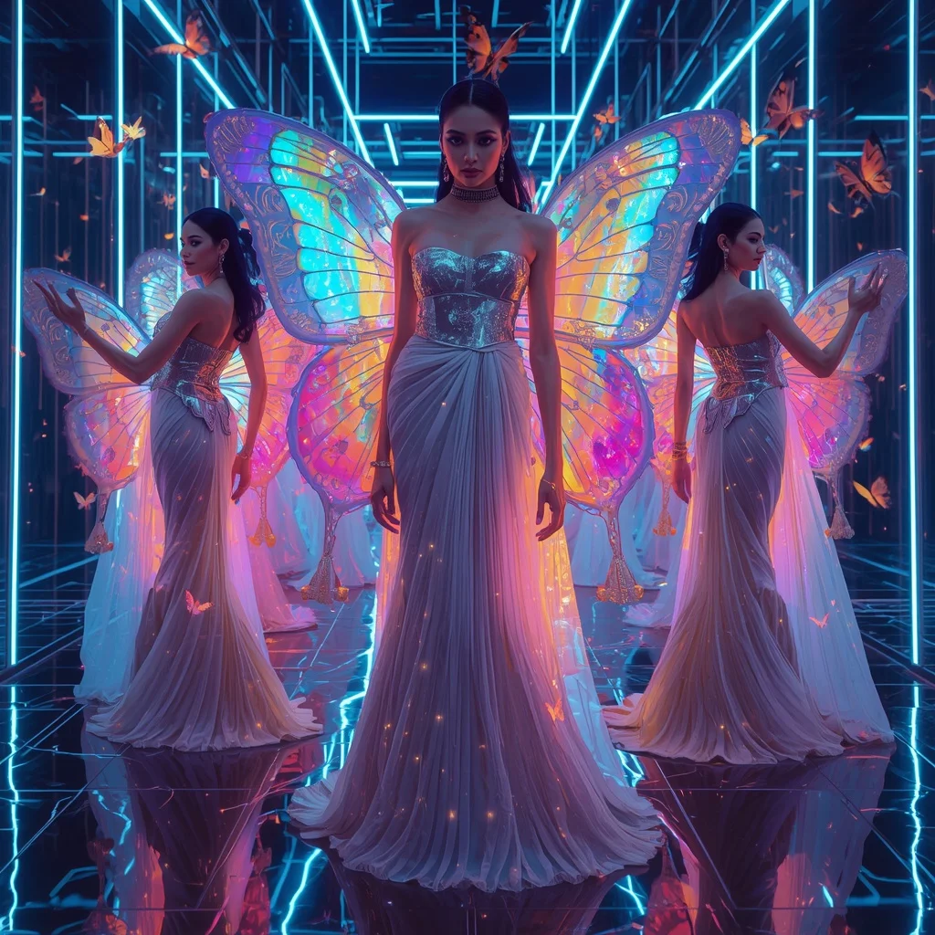 Neon Prism Butterfly Storm Saree – Futuristic Multi-Pose Laser Couture with Cyber Fantasy Background | Easy Ai Prompt AI Prompt