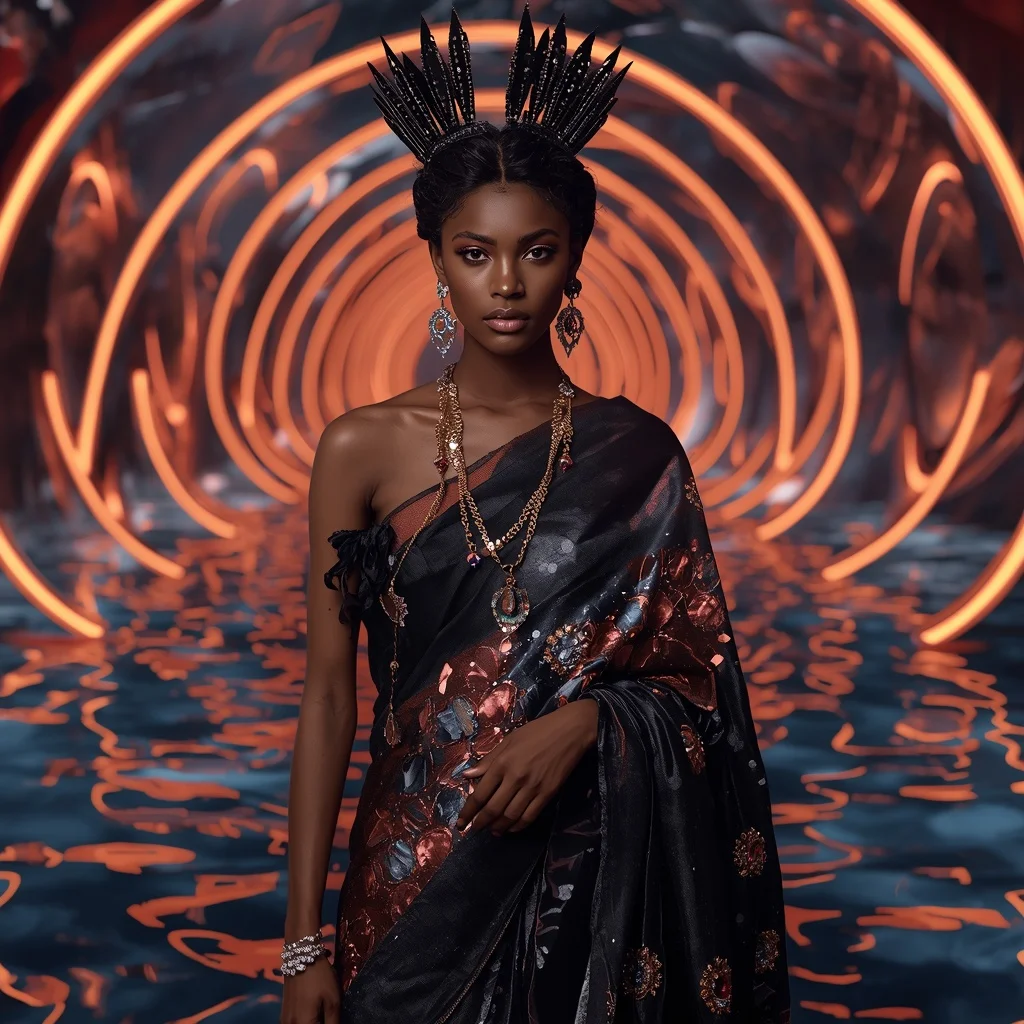 Obsidian Aurora Crown Saree with Ten Couture Poses and Infinity Neon Water Kingdom | Flux Ai Prompt AI Prompt