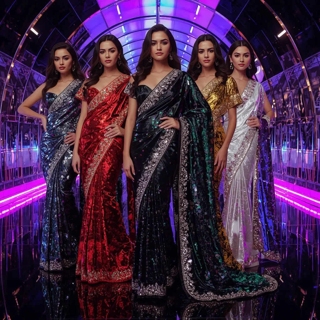 Obsidian Crystal Celestial Infinity Hyperqueen Saree with Mirror Fashion Poses and Neon Quantum Crystal Prism Palace | Prompt Image AI Prompt