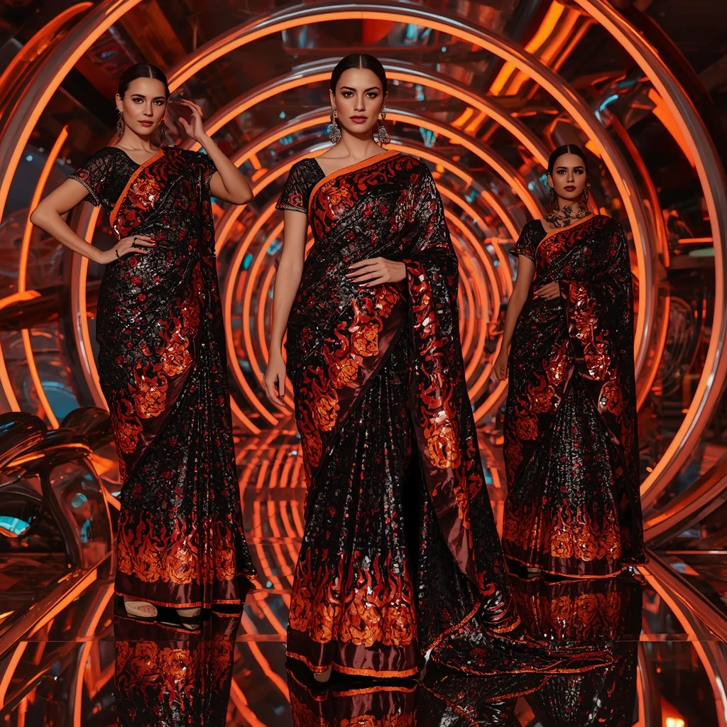 Obsidian Inferno Metallic Saree with Curved Neon Sanctuary | Indian Saree Ai Prompt AI Prompt