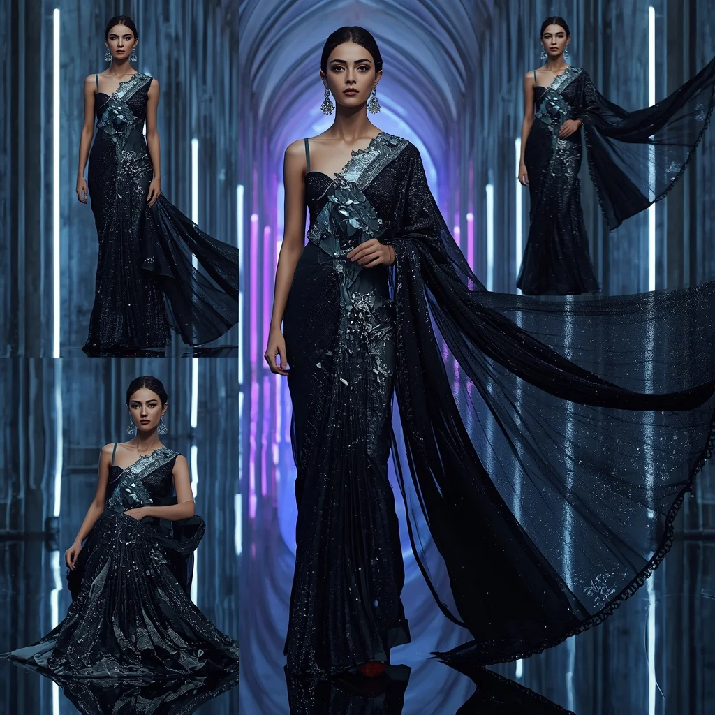 Obsidian Moonlight Saree with Neon Cathedral Corridor | Gemini Ai Prompt For Girl AI Prompt