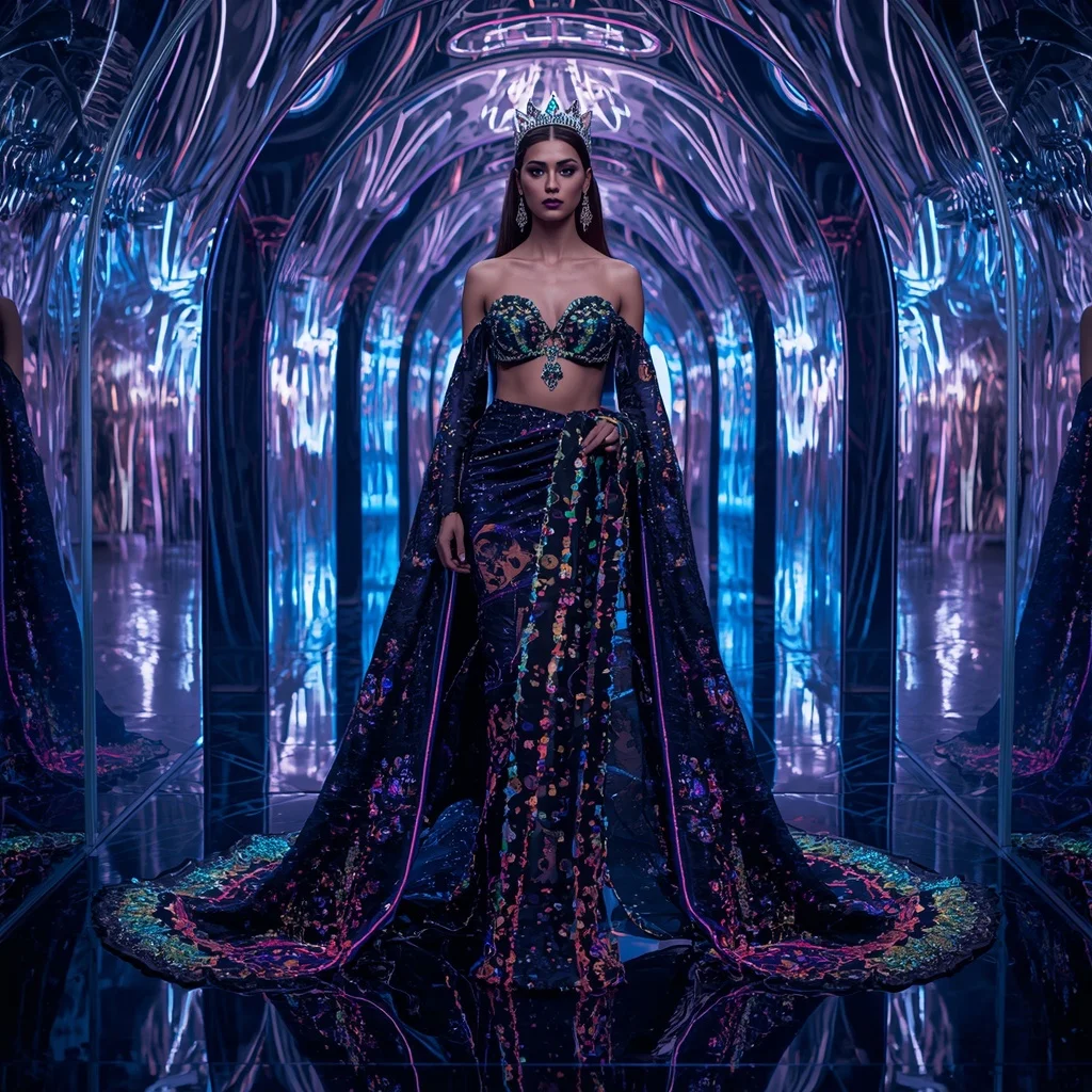 Obsidian Neon Celestial Infinity Hyperqueen Saree with Cosmic Fashion Motions and Reflection Prism Hyperrealm | Influencers Ai Prompt AI Prompt