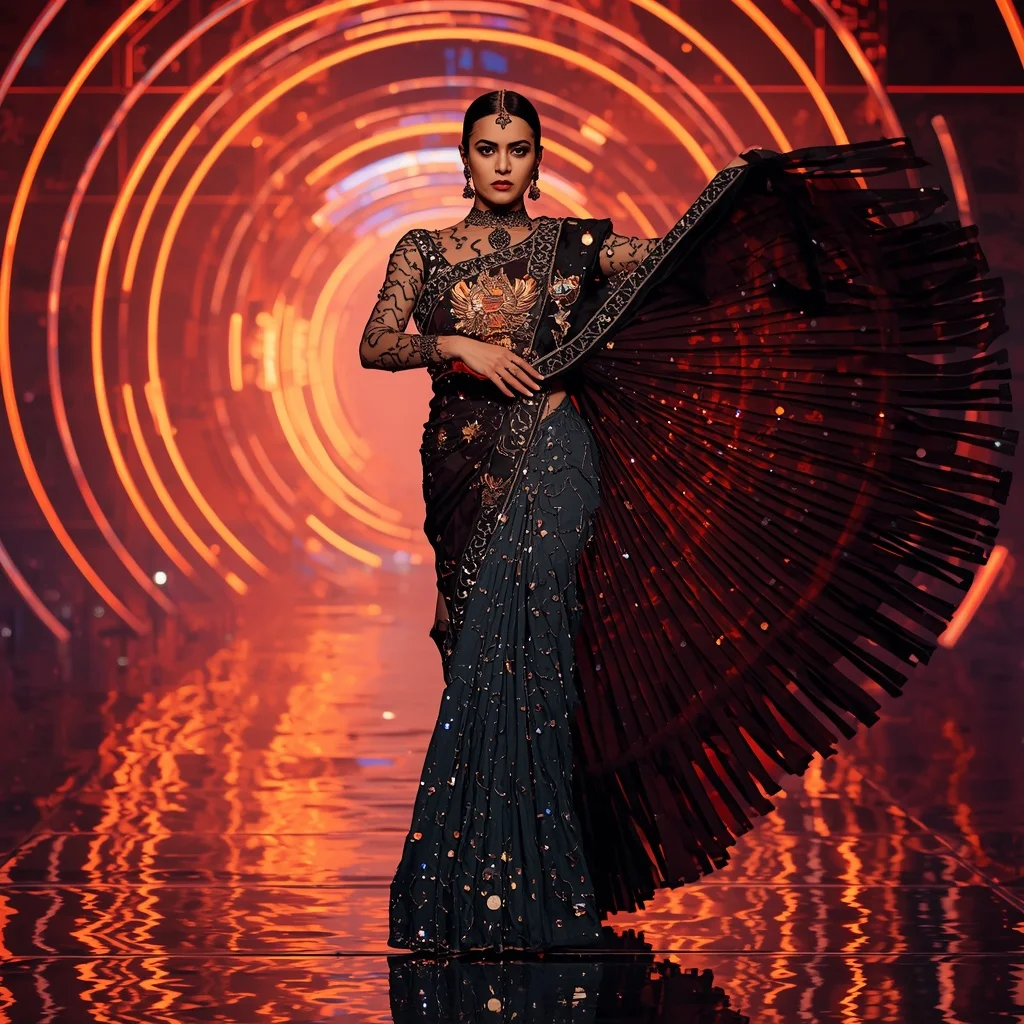 Obsidian Phoenix Metallic Saree with Neon Orbit Palace | Instagram Girl Gemini Prompt AI Prompt