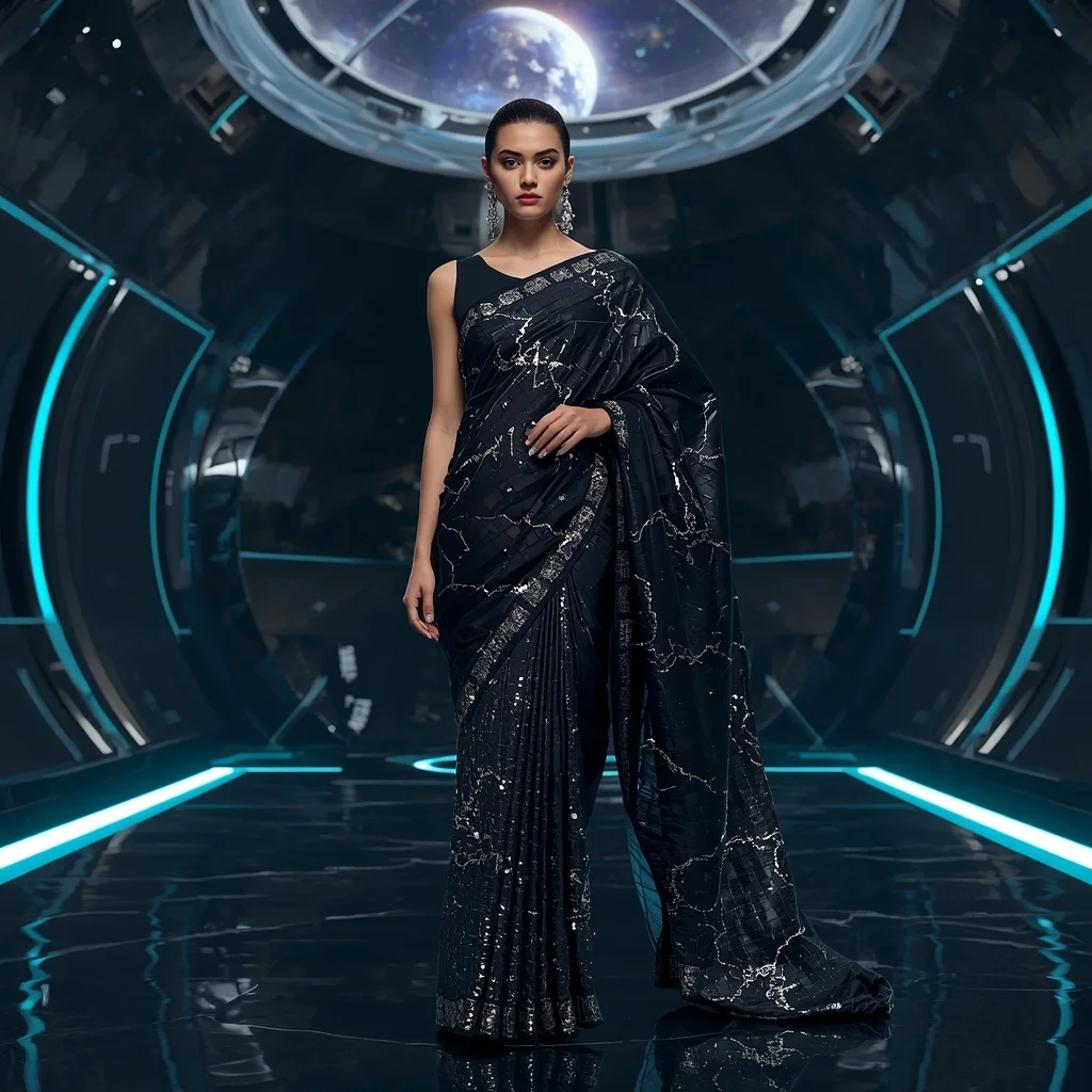 Obsidian Thunder Eternal Saree with Twenty Dynamic Poses and Futuristic Orbit Multiverse | Gemini Ai Prompt Copy Paste AI Prompt