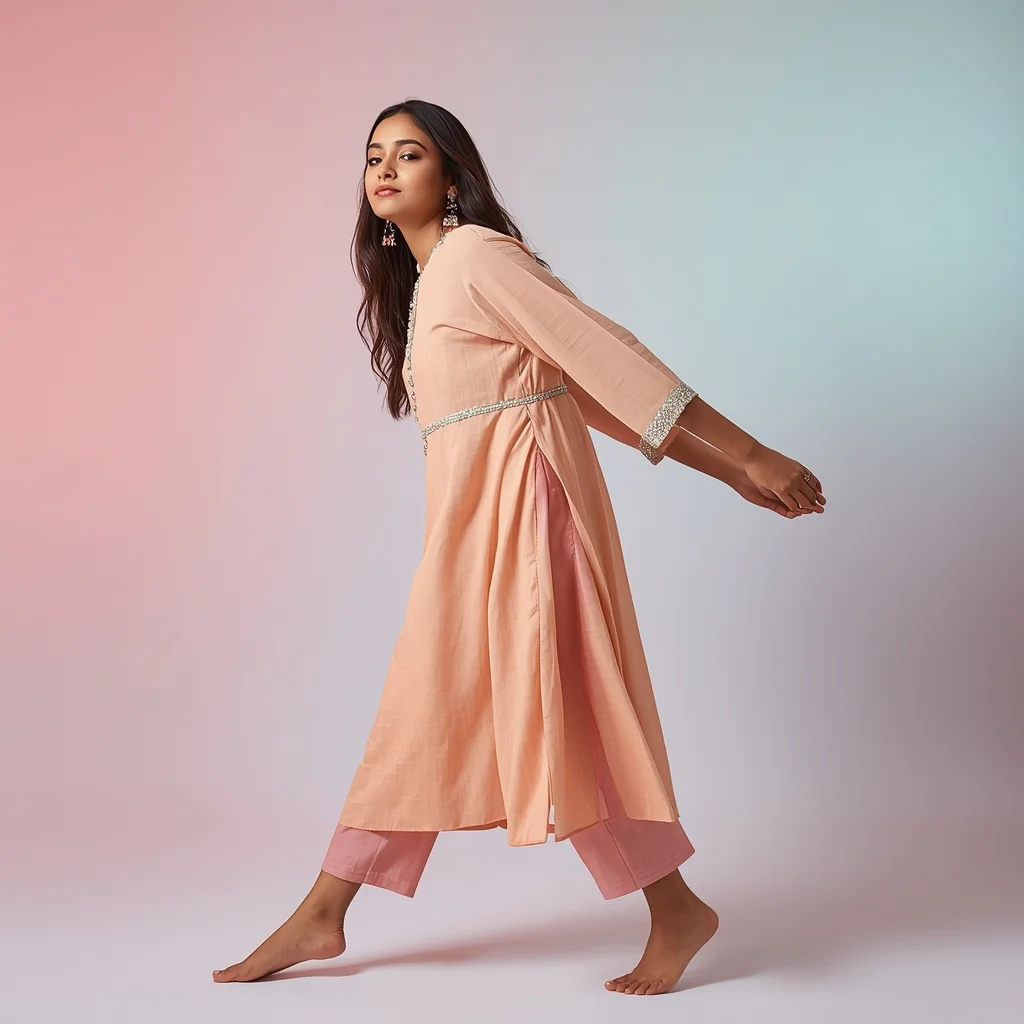 Pastel Kurta Set Girl Side Lean Hand Flow Pose | Woman Pose Ai Prompt AI Prompt
