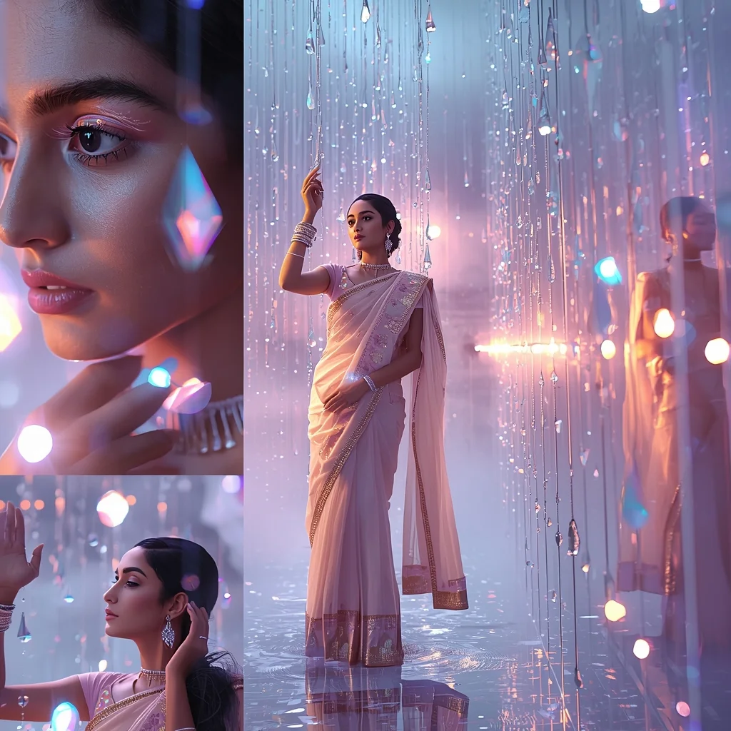Pastel Saree Hyper Crystal Rain Reflection Chamber Cinematic Viral Prompt | Saree Trending Ai Prompt AI Prompt