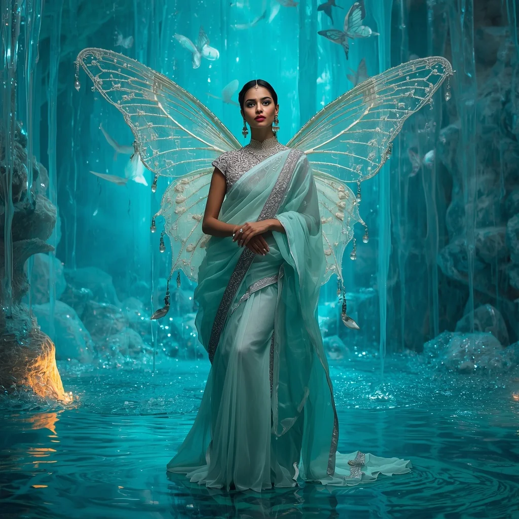 Pearl Butterfly Waterfall Saree with Aqua Crystal Fantasy Background | Instagram Highlight Cover Ai Prompt AI Prompt