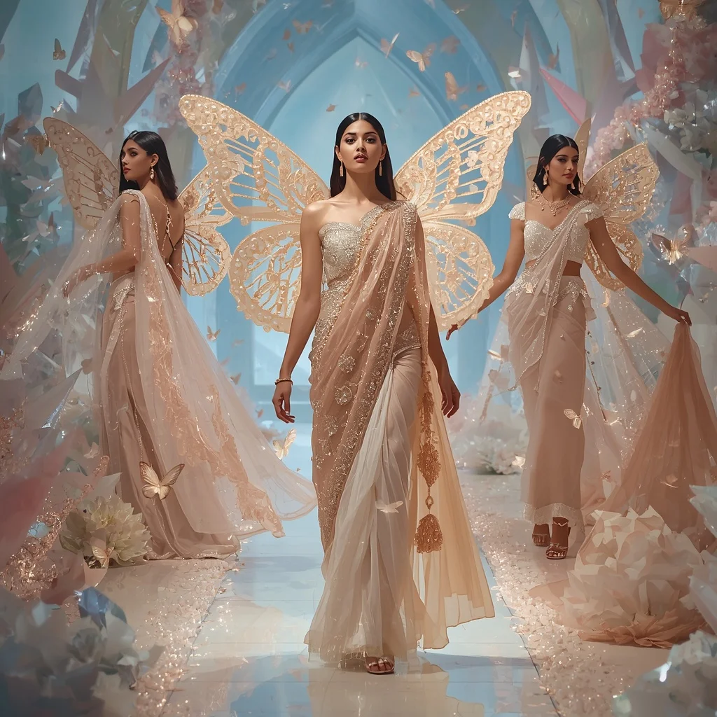Pearl Lotus Butterfly Heaven Saree – Angelic Multi-Pose Couture with Dream Crystal Temple Background | Ai Prompt AI Prompt