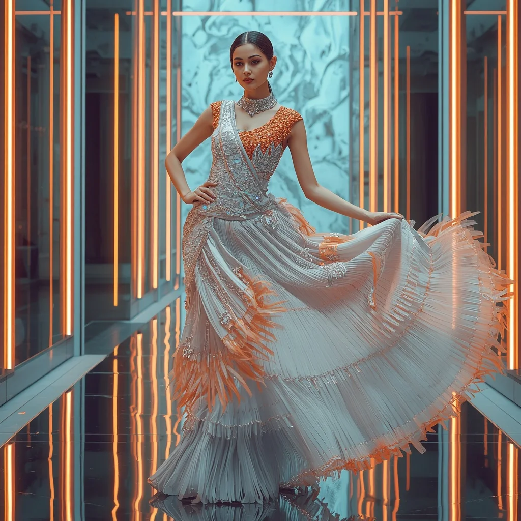 Platinum Phoenix Fantasy Saree with Aurora Infinity Chamber | Ai Video Generator Prompt AI Prompt