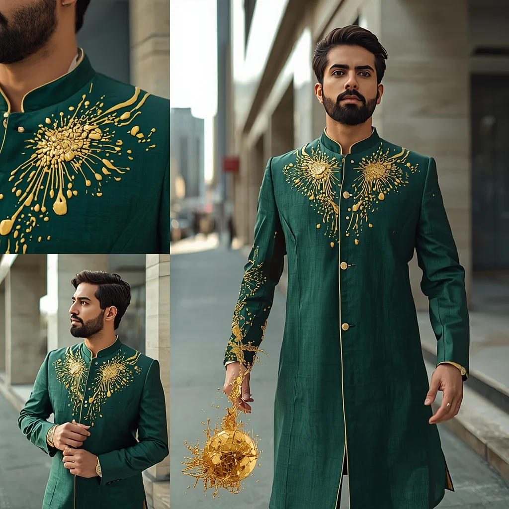 Premium Mens Sherwani Magnetic-Fluid Gold-Opal | Prompt Gemini Ai AI Prompt