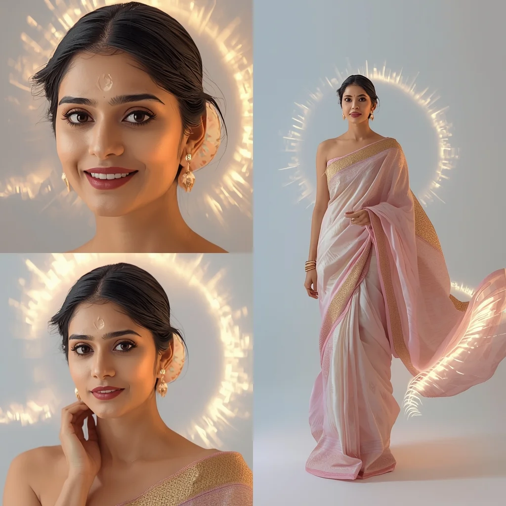 Quantum Pulse Halo Wave Pastel Saree Indian Woman Premium Composition | Female Model Ai Prompt AI Prompt