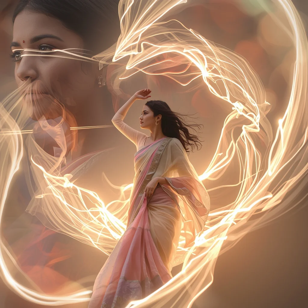 Radiant Light Ribbon Dance Pastel Saree Image Prompt Flowing Energy Cinematic Collage Saree Prompt | Gemini Saree Prompt For Woman AI Prompt