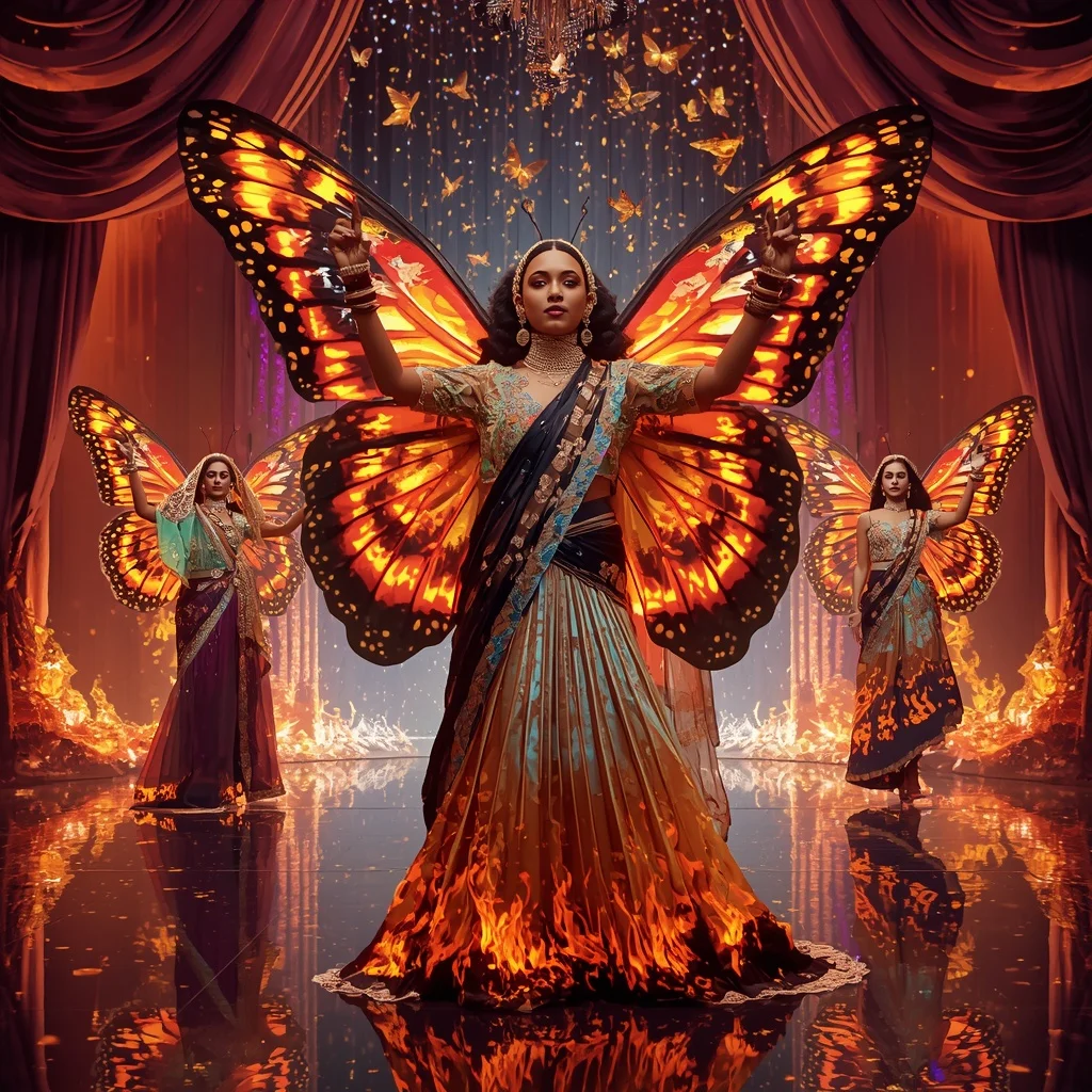 Rainbow Butterfly Flame Opera Saree – Heavy Multi-Pose Festival Couture with Fantasy Theatre Background | Prompt Image AI Prompt