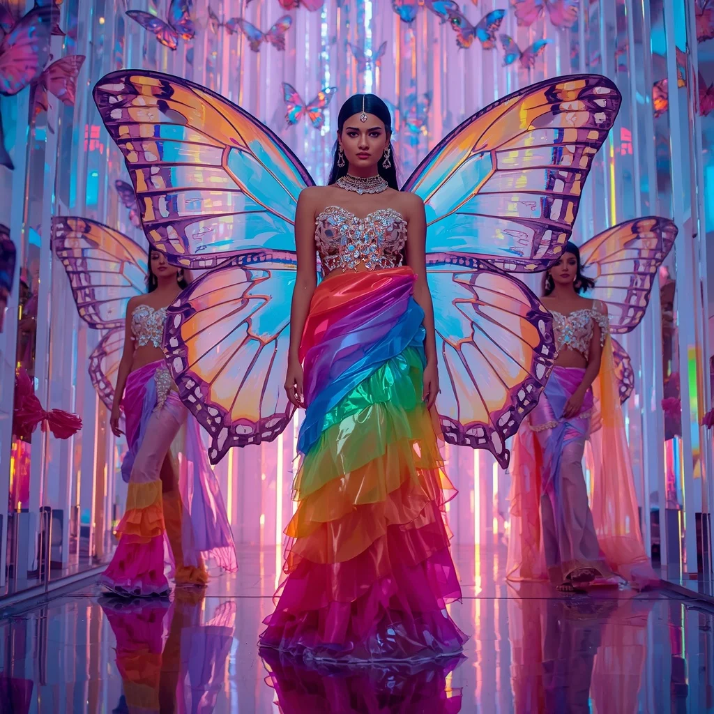 Rainbow Prism Butterfly Saree with Multiple Couture Poses and Floating Neon Palace Background | Festive Prompt