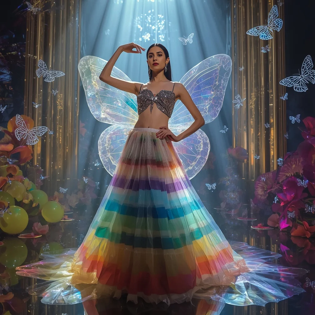 Rainbow Prism Glass Butterfly Saree with Stained Glass Cathedral Background | Instagram Story Ai Prompt AI Prompt