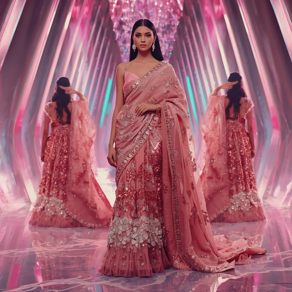 Rose Crystal Inferno Saree with Floating Prism Cathedral | Saree Prompt Generator AI Prompt