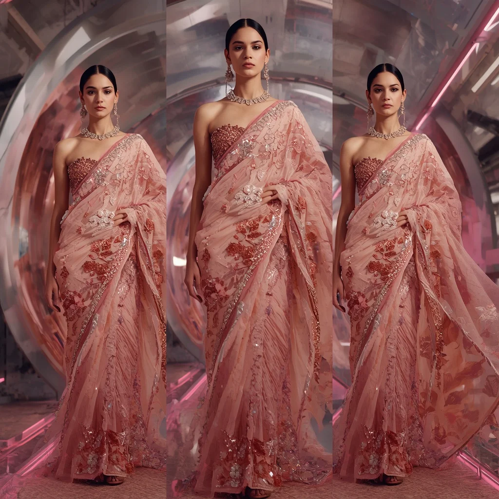 Rose Crystal Mirage Saree with Floating Prism Tunnel | Saree Aesthetic Ai Prompt For Pinterest AI Prompt