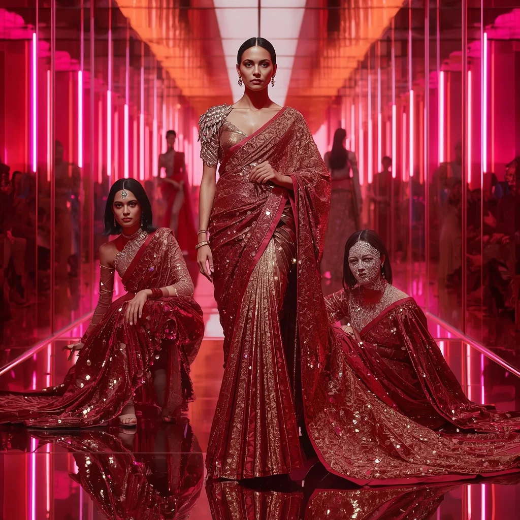 Rose Gold Phoenix Saree with Infinite Prism Chamber | Instagram Viral Photo Prompt AI Prompt