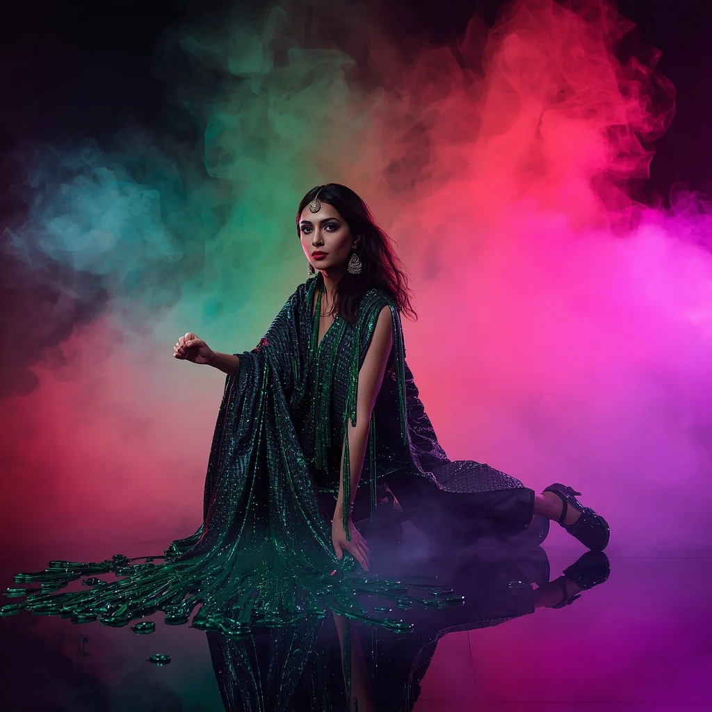 Royal 3D Liquid Emerald & Carbon Fiber Weave Saree | Saree Look Ai Prompt Modern Style AI Prompt