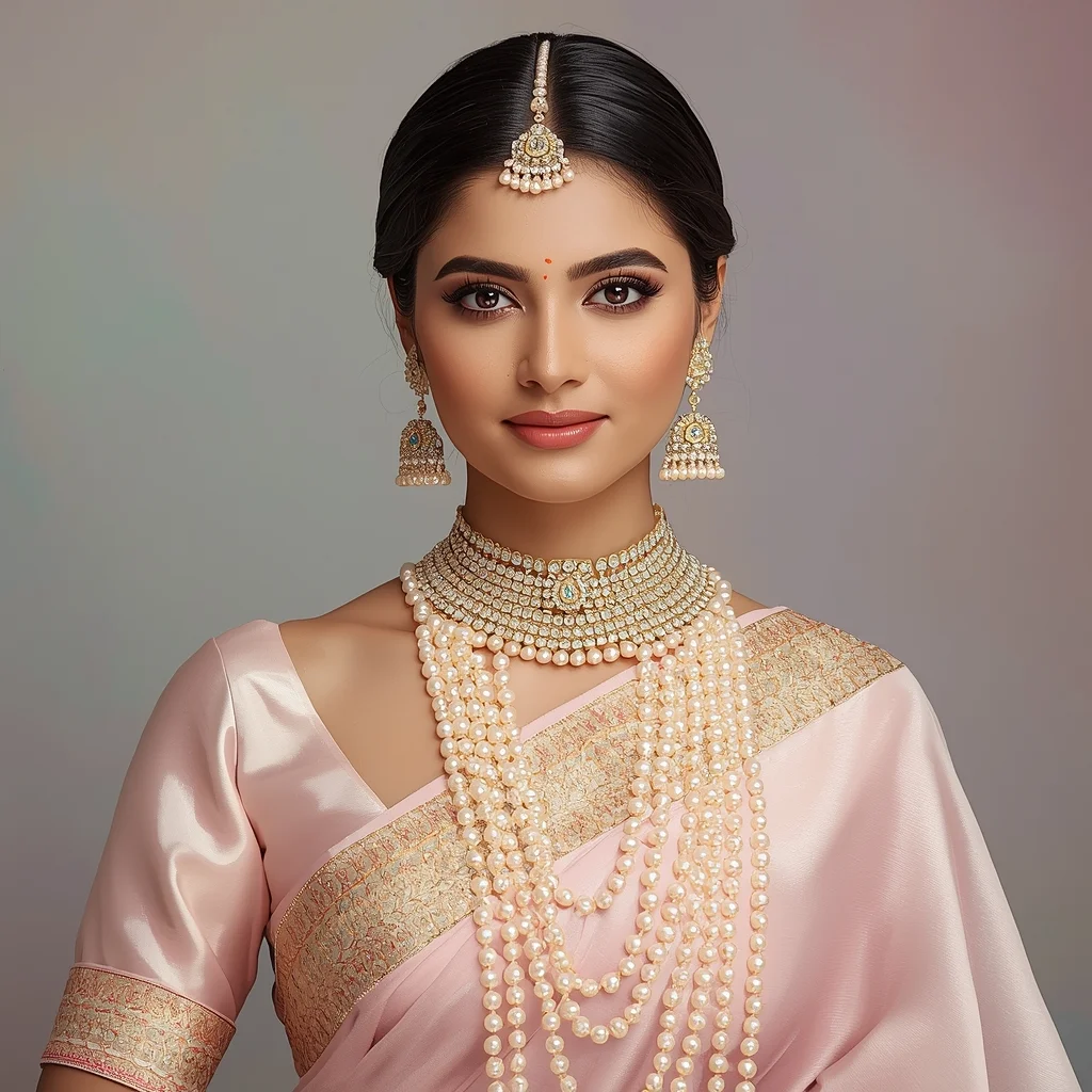 Royal Pastel Saree Indian Woman Pearl Cascade Portrait | Prompt For Gemini Girl In Saree Instagram AI Prompt