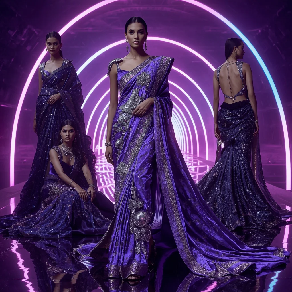 Royal Velvet Crystal Saree with Infinite Neon Arches | Saree Ai Prompt AI Prompt