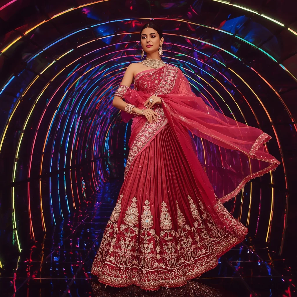 Ruby Aurora Couture Saree with Light Strip Dome | Saree Profile Pic Ai Prompt AI Prompt