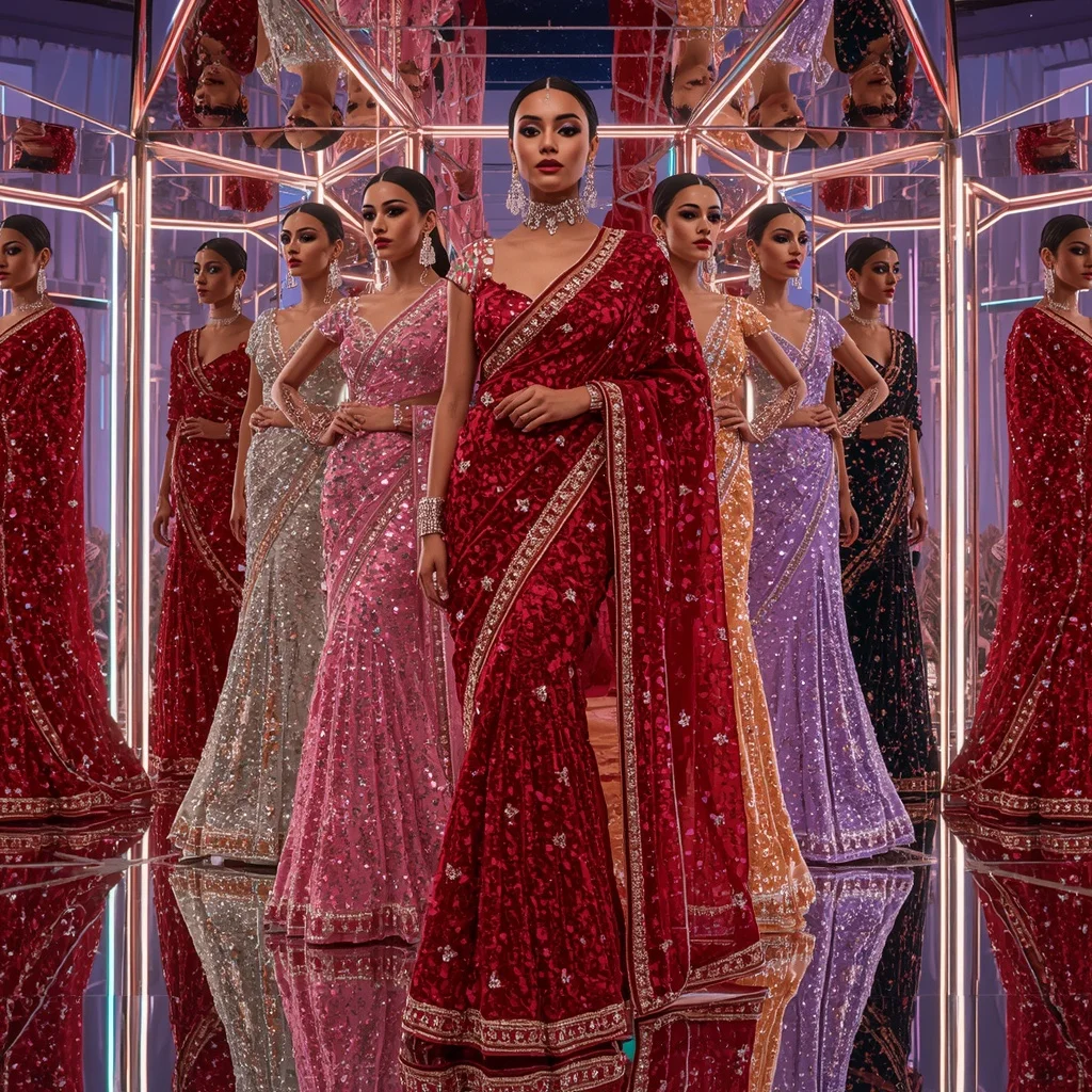 Ruby Crystal Celestial Infinity Goddess Saree with Endless Glamour Poses and Holographic Mirror Quantum Orbit Hypercube | Command Prompt