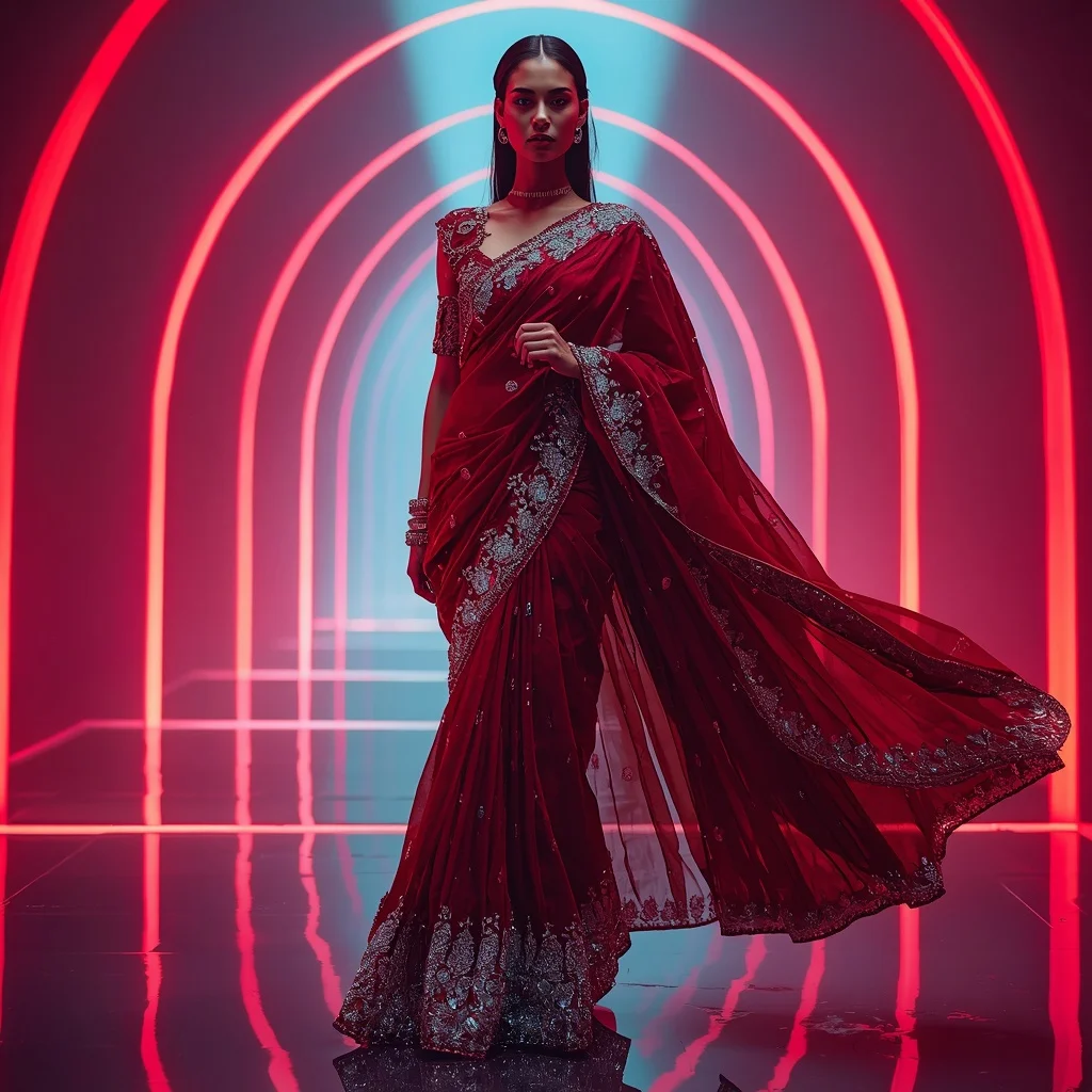 Ruby Diamond Cascade Saree with Floating Neon Cathedral | Korean Ai Prompt AI Prompt