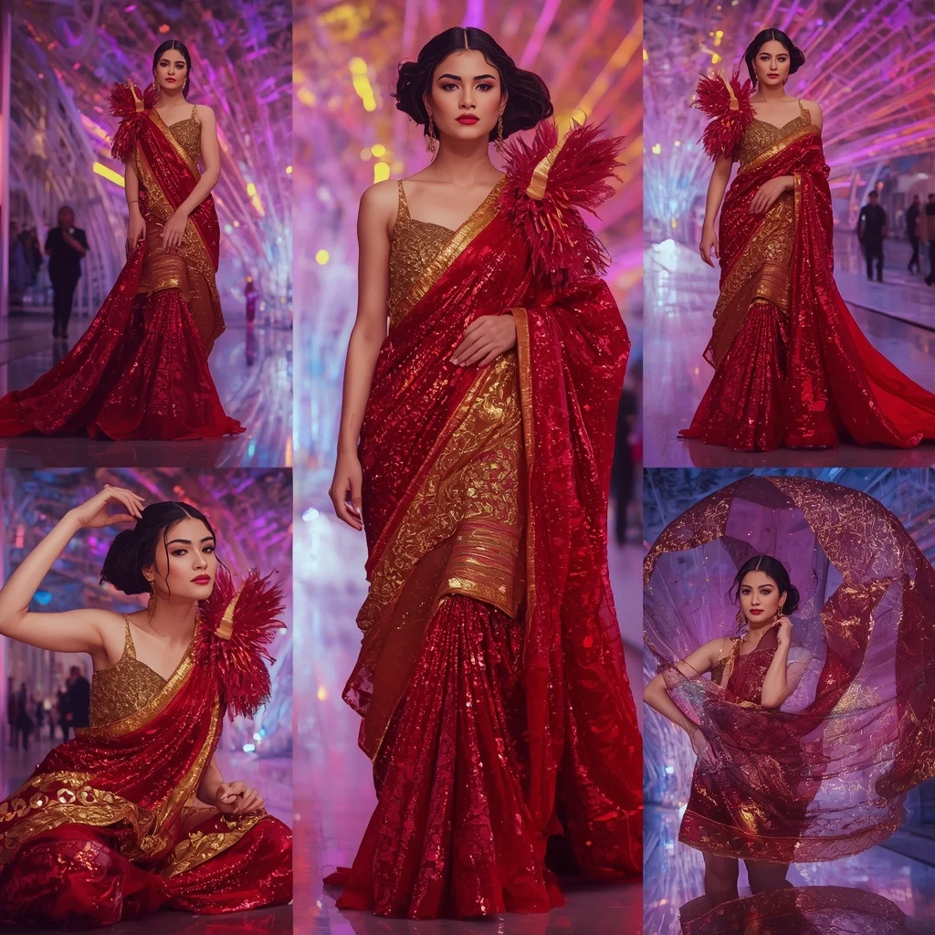 Ruby Flame Festival Saree with Floating Crystal Infinity Boulevard | Gemini Ai Prompt Saree Copy Paste