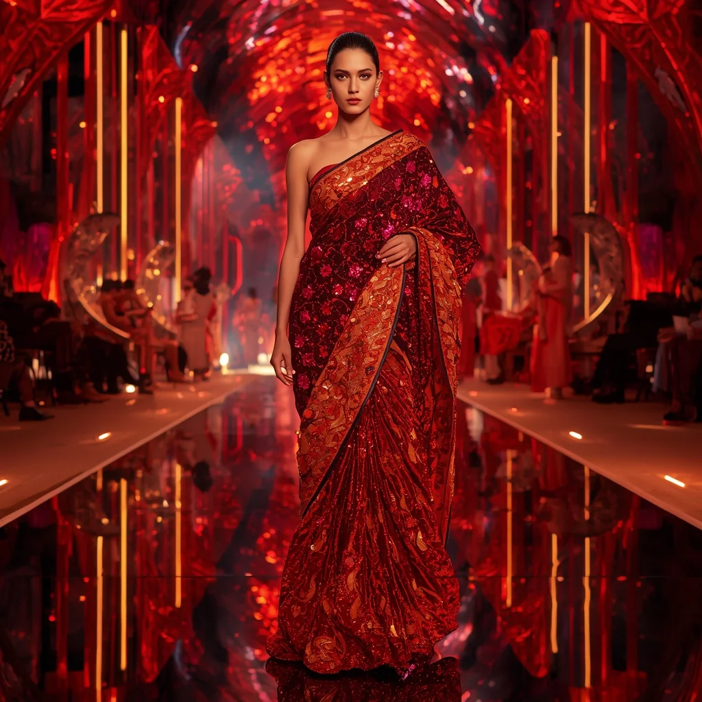 Ruby Inferno Lotus Saree with Fifteen Runway Poses and Prism Reflection Empire | Instagram Model Ai Prompt AI Prompt