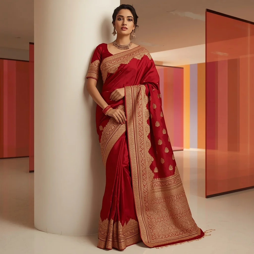 Ruby Red Heavy Metallic Threadwork Festive Saree for Viral Content | Midjourney Prompt List AI Prompt