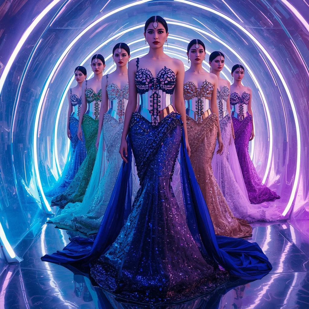 Sapphire Aurora Infinity Goddess Saree with Crystal Corridor Poses and Futuristic Neon Infinity Hyperdome | Realistic Ai Prompt AI Prompt
