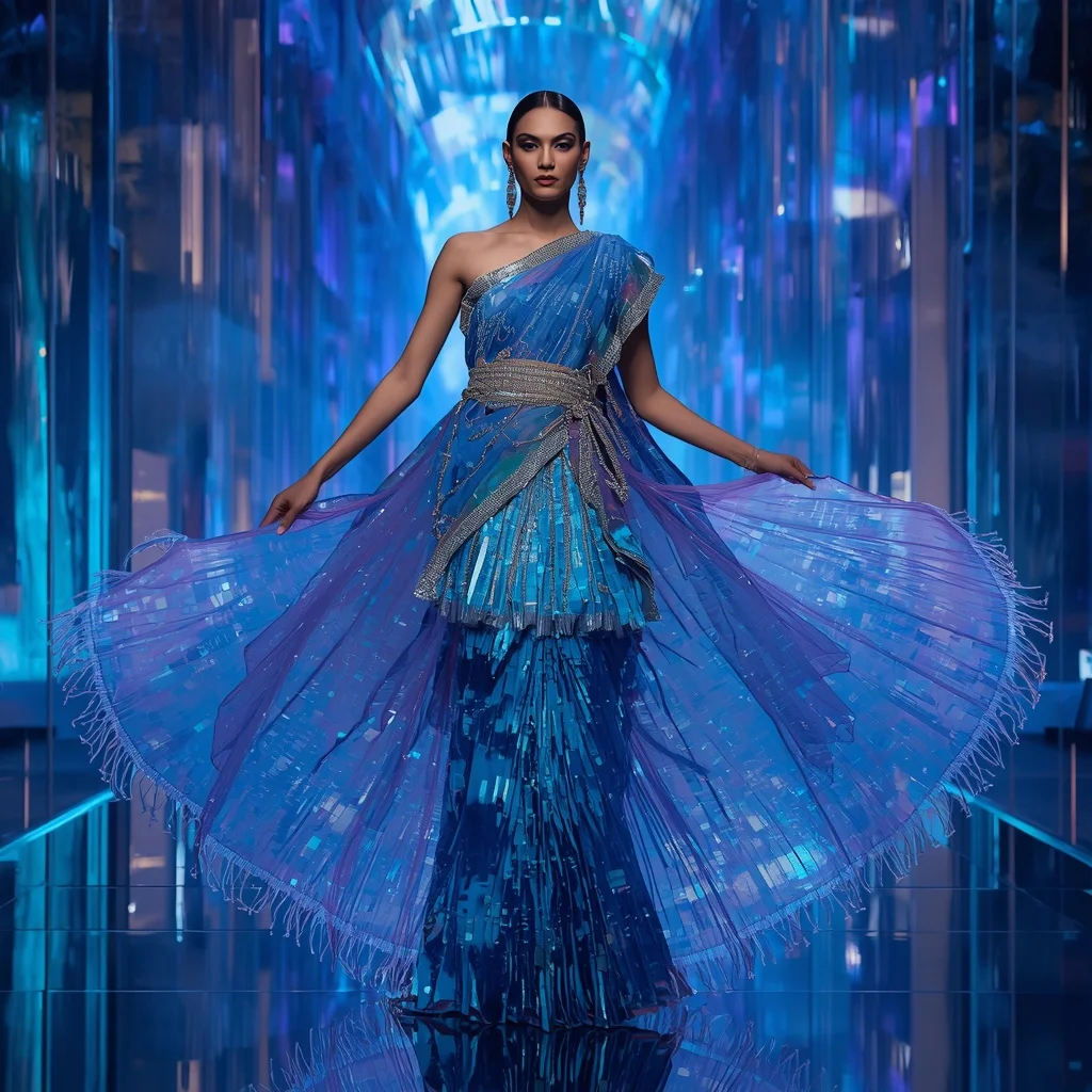 Sapphire Aurora Queen Saree with Floating Prism Hall | Selfie Prompt AI Prompt